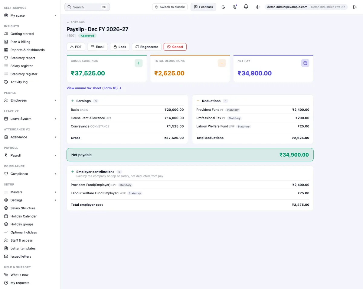 HivePayroll payslip showing Professional Tax and Labour Welfare Fund deductions