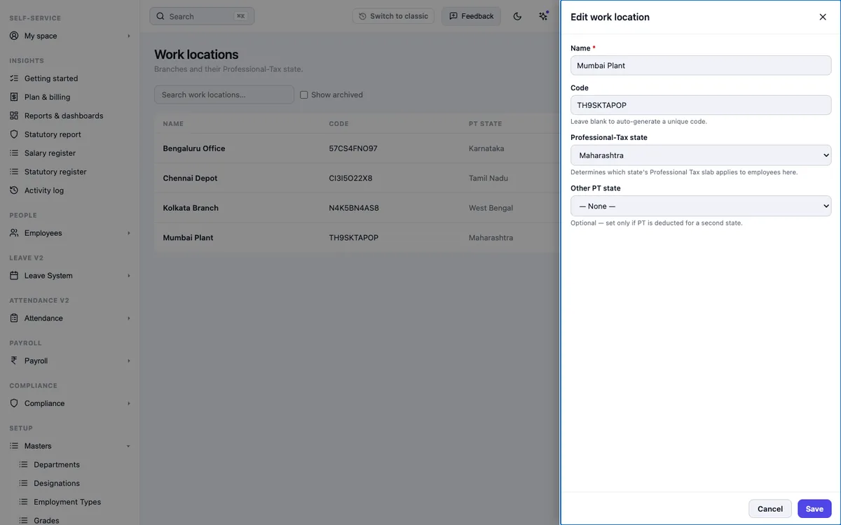 HivePayroll work location settings with the Professional Tax state set to Maharashtra