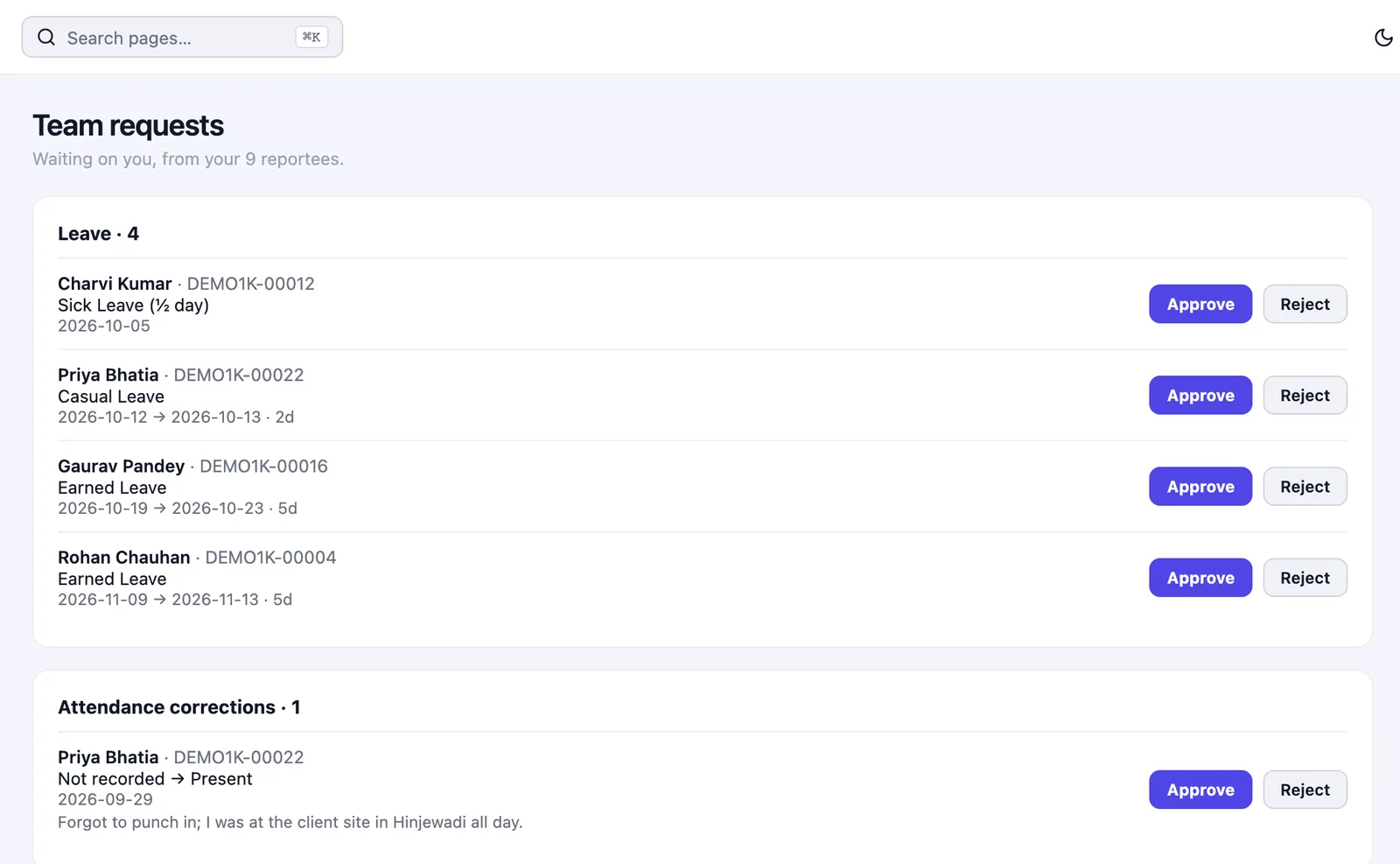 Manager approving leave and attendance correction requests