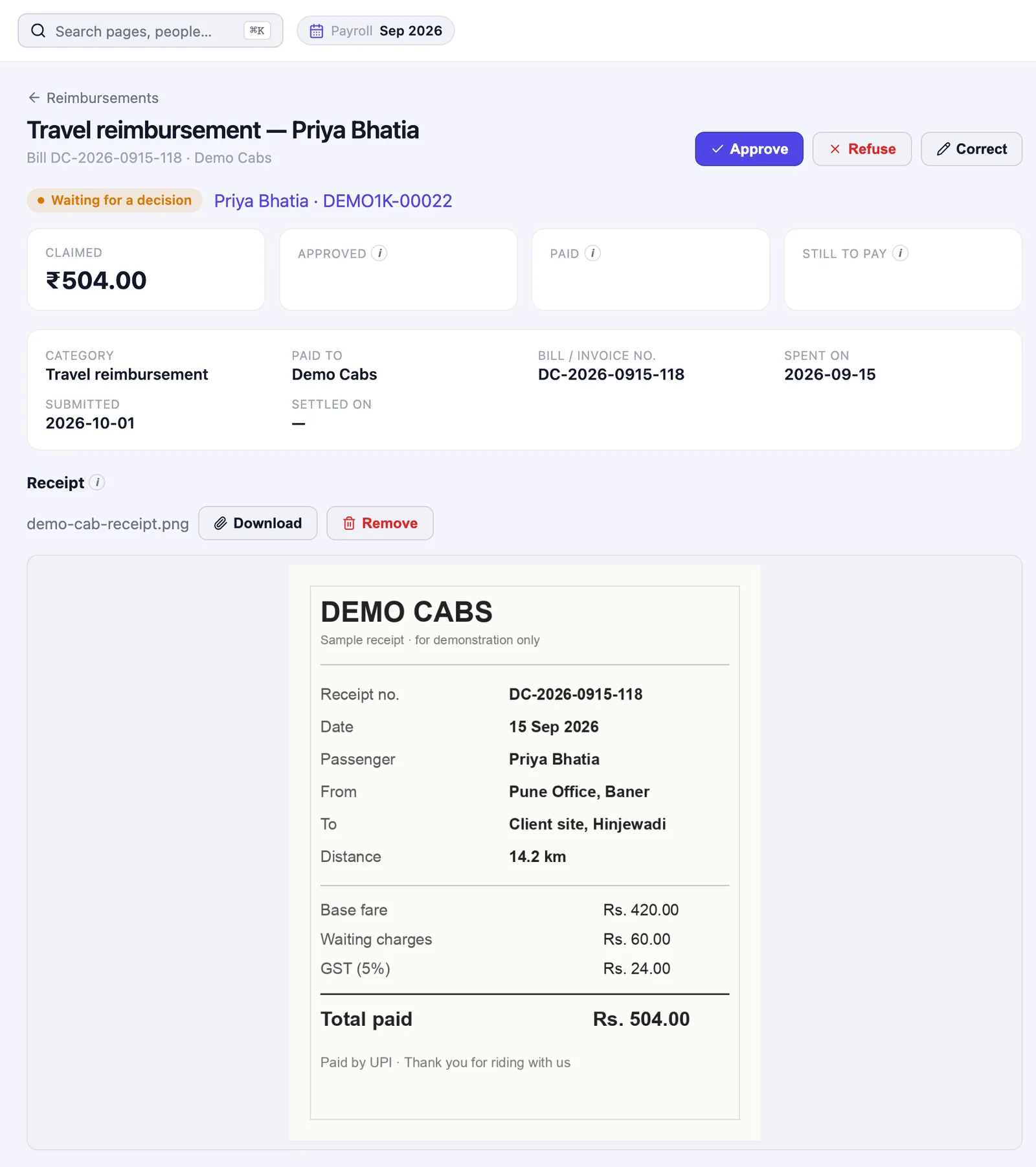 Travel reimbursement claim with the receipt attached, waiting for approval