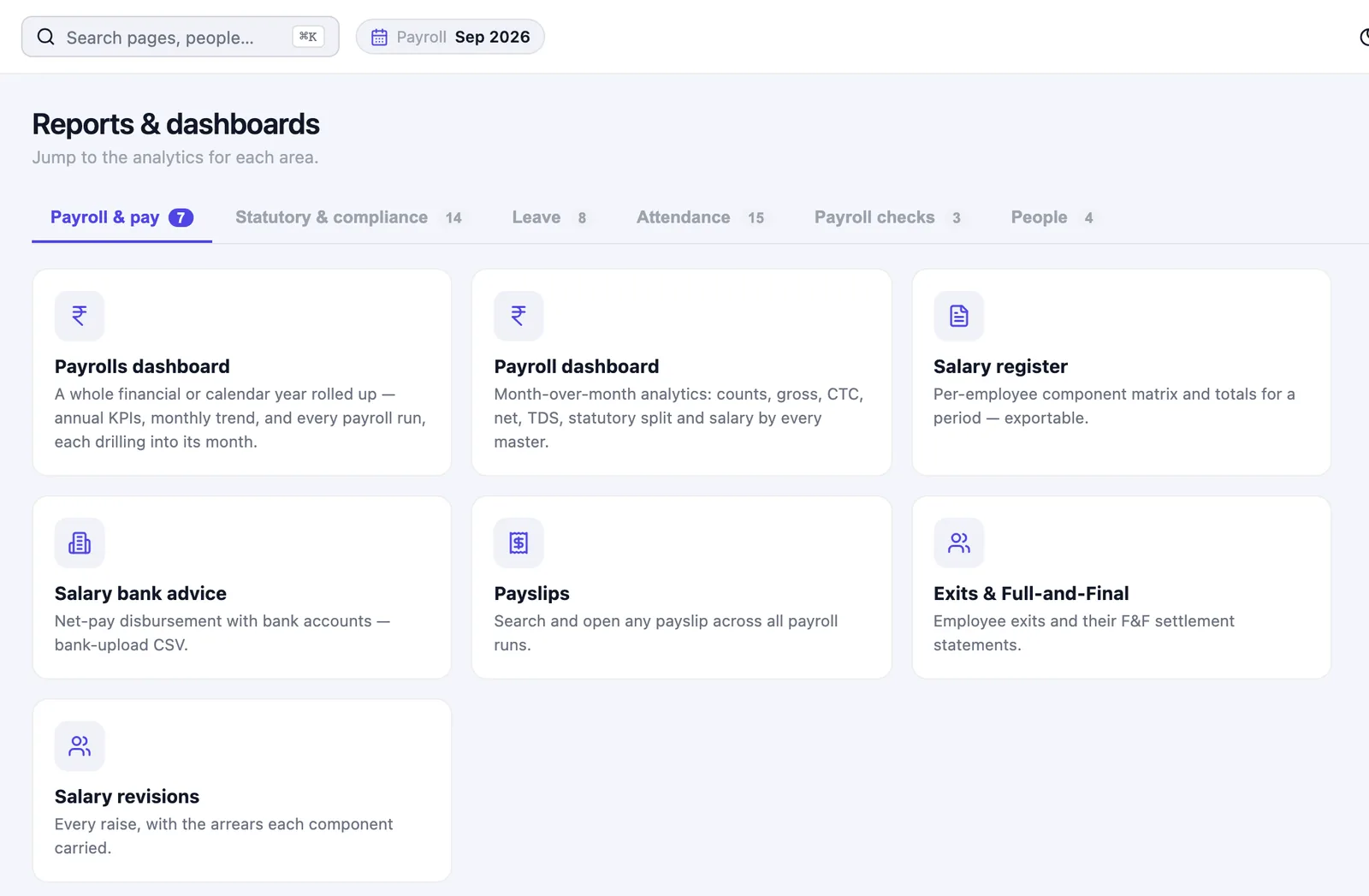 Reports and dashboards hub in HivePayroll