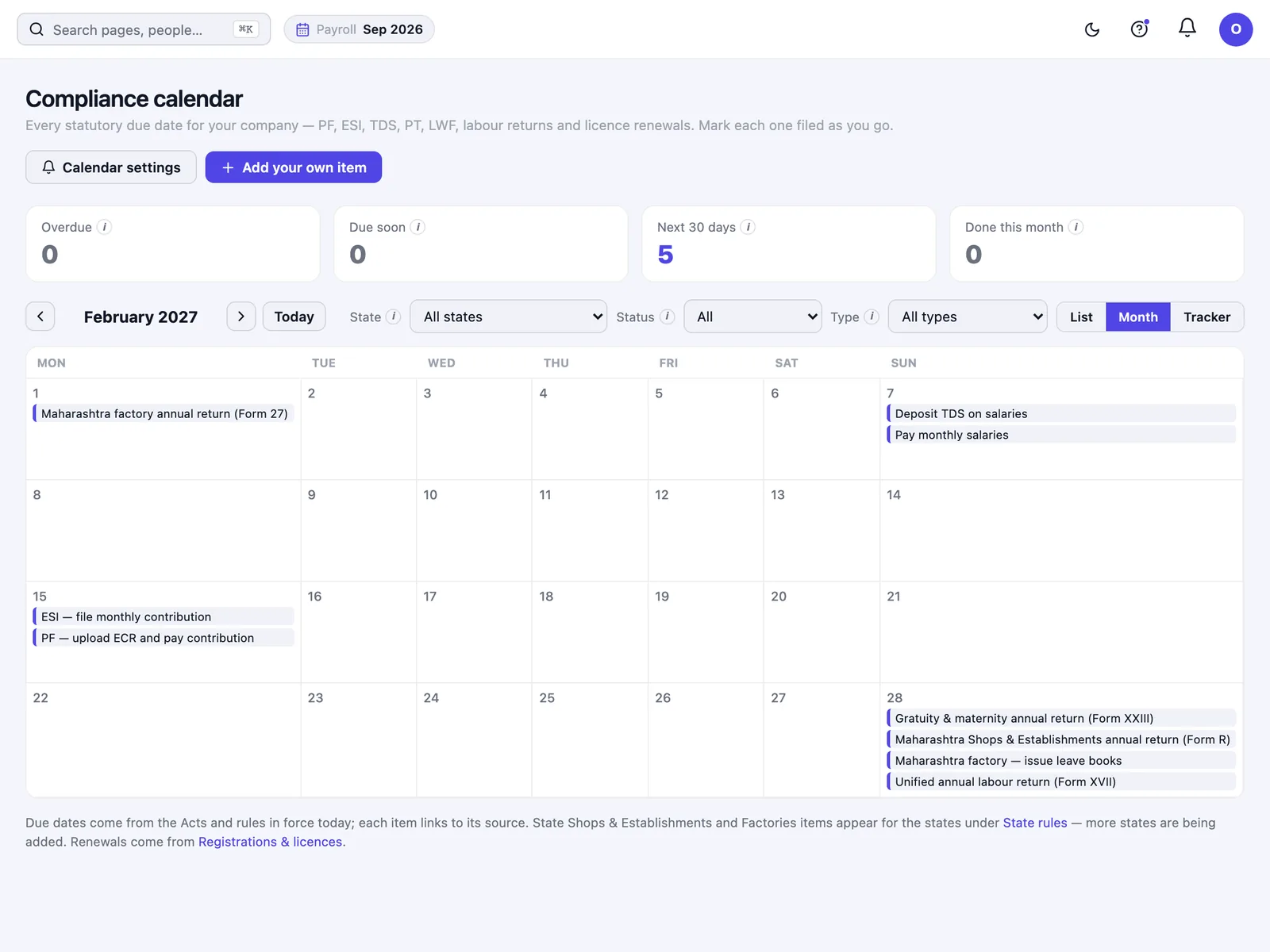 Compliance calendar showing Maharashtra Form 27, Form R, PF, ESI and TDS due dates